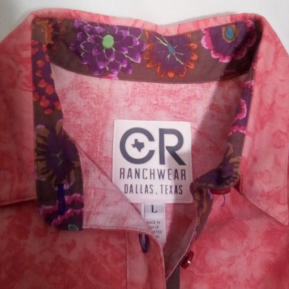 CR Ranchwear Pink Red Western Button Down Shirt Large - Picture 4 of 6